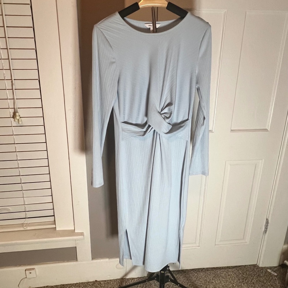 Nine West Womens Twist Front Long Sleeve Midi Dress Light Blue Ribbed Size M‎